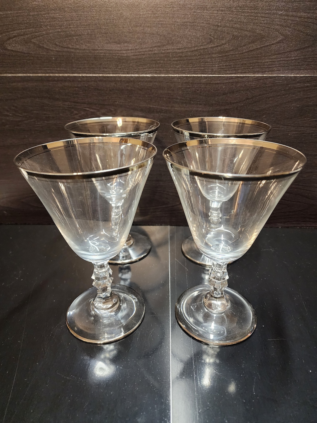 Set of 4 Short Stemmed Wine Glasses With Double Silver Rim Etsy