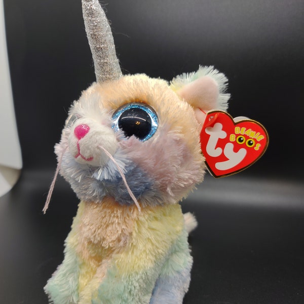 Ty Beanie Baby Beanie Boos Heather the Rainbow Color Unicorn Kitty, retired rare MWMT