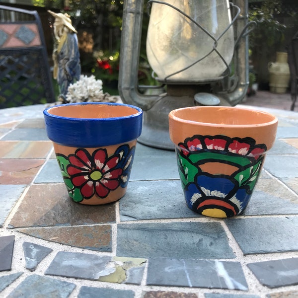 2 pieces set hand painted Mexican style pot. Succulent planters. Mexican garden decor.