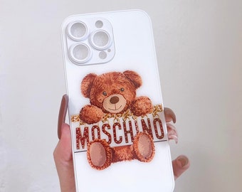 Trendy White Cute Bear Moschino Back Glass Case - Iphone 15 Pro Max