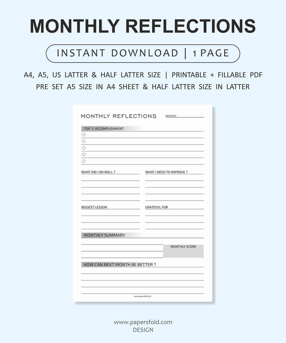Monthly Reflection MOTHLY REVIEW Planner Inserts, Instant Download, A4 ...