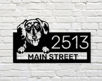 Benutzerdefinierte Dackel Adresse Zeichen - personalisierte Dackel Metall Hausnummer Willkommen Schild, Dackel Outdoor Decor Straßenschild, Dackel Geschenk