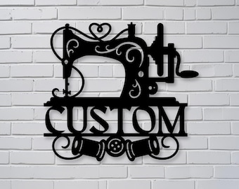 Arte mural metálico de costura personalizado: letrero personalizado para sala de costura, decoración para sala de manualidades, arte con máquina de coser, regalo de sastre, letrero para estudio de acolchado