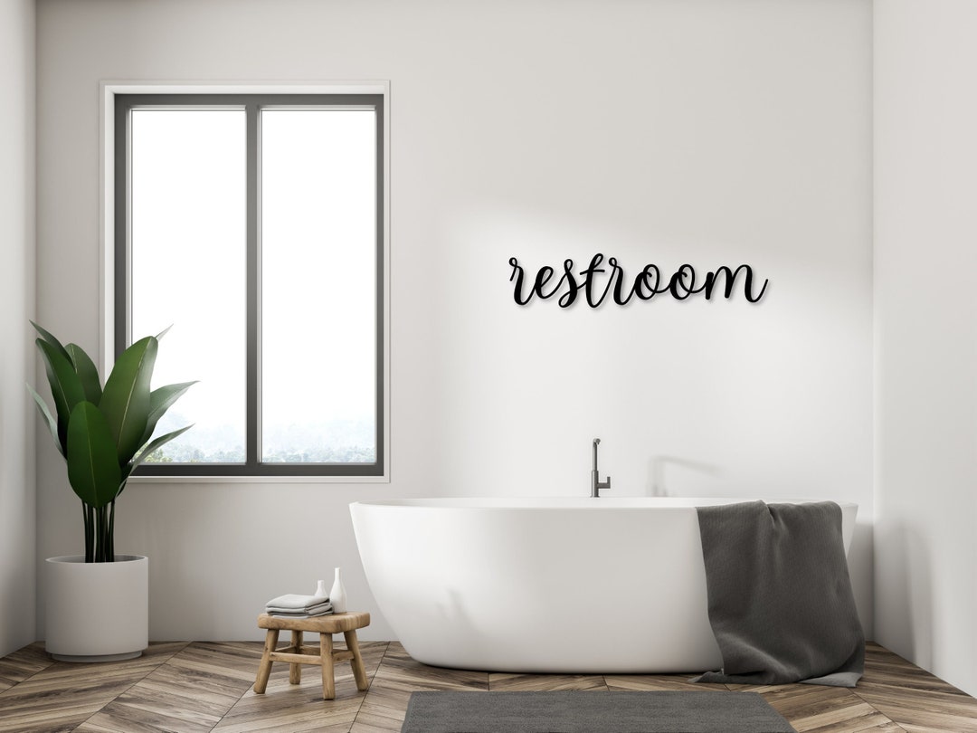 Metal Restroom Sign Metal Cursive Word Sign, Restroom Word Wall Art