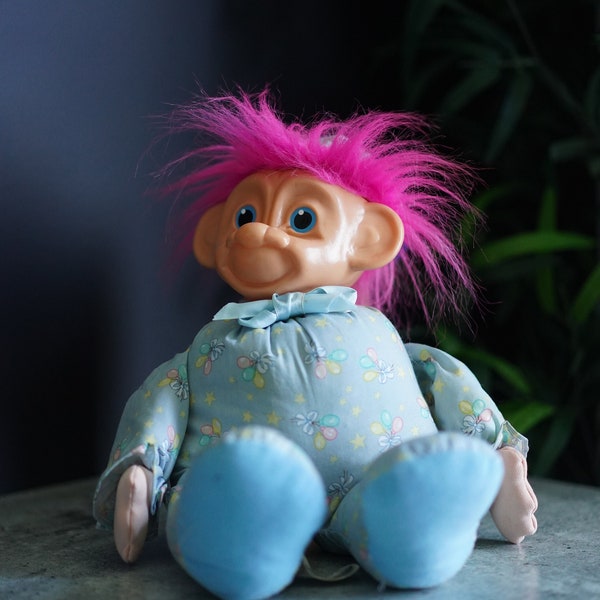 1992 | Large 16'' Birthday Troll | Ace Novelty Vintage | Plastic Face | Soft Body | 90s Blue Troll Plush with Balloons | Pink Hair doll