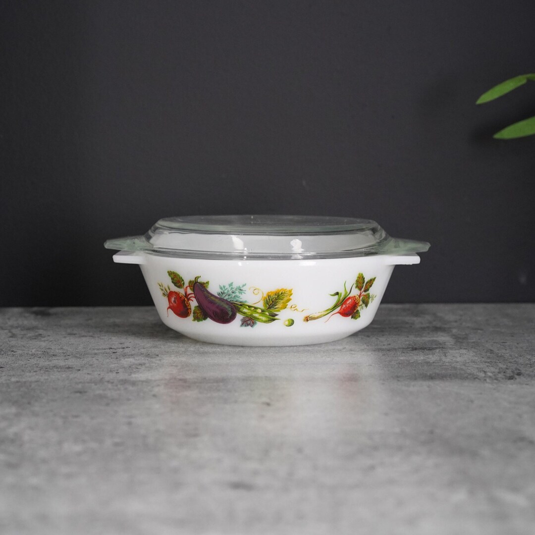 1970s Milk Glass Casserole Dish With Vegetables Design With Lid Pyrex ...