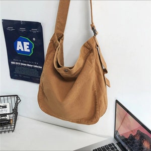 Canvas Messenger Bag, Large Capacity Traveling Bag, Unisex Shoulder Bag, Solid Color Crossbody Bag, College Tote Bag Chocolate