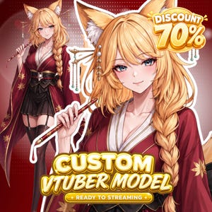 May include: An anime-style character with blonde hair and fox ears wearing a red and black outfit with gold maple leaf patterns. The character holds a red brush. Text reads: DISCOUNT 70%, CUSTOM VTUBER MODEL, READY TO STREAMING.