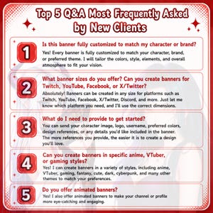 A red and white informational graphic titled Top 5 Q&A Most Frequently Asked by New Clients. It features five numbered red square icons and text detailing custom banner services for platforms like Twitch, YouTube, and X/Twitter.