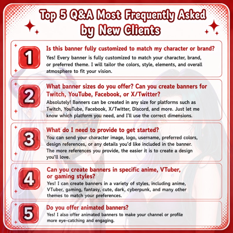 A red and white informational graphic titled Top 5 Q&A Most Frequently Asked by New Clients. It features five numbered red square icons and text detailing custom banner services for platforms like Twitch, YouTube, and X/Twitter.