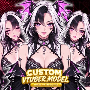 Puede incluir: Una ilustración digital de un personaje con cabello blanco y negro, ojos morados y alas de demonio. El personaje viste un atuendo negro con encaje y un colgante de media luna. El texto dice CUSTOM VTUBER MODEL READY TO STREAMING.