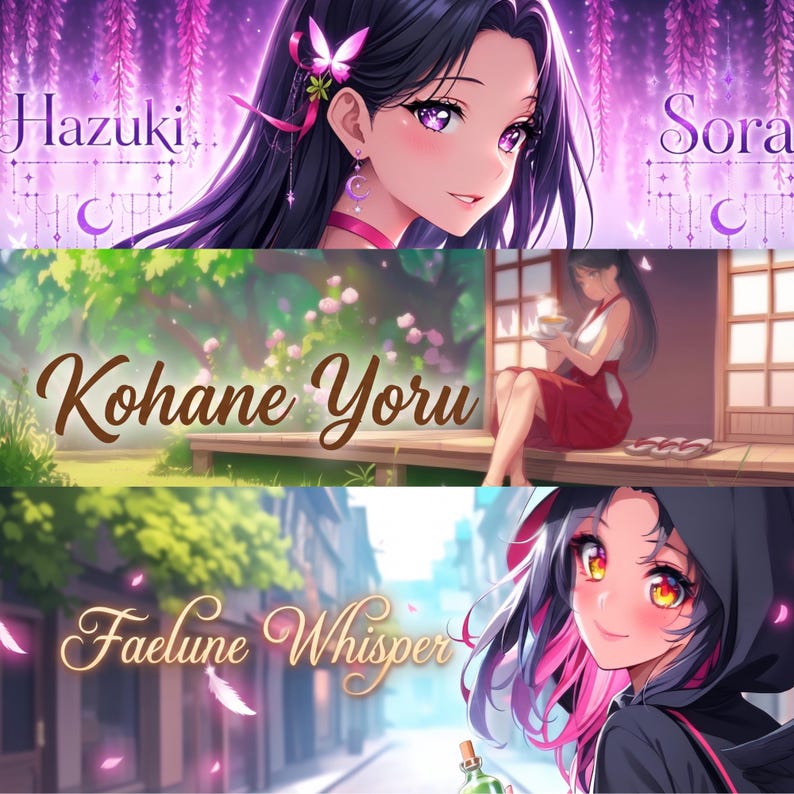 Custom anime VTuber banner commission work in progress, sketch to full color comparison showing character banner design process for Twitch and YouTube streaming