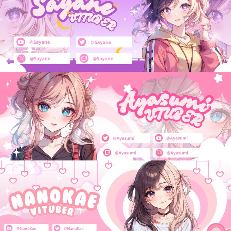 Y2K retro anime banner for VTuber streamer, bright bold colors with star and heart accents, custom profile header design for Twitch X and YouTube channel branding