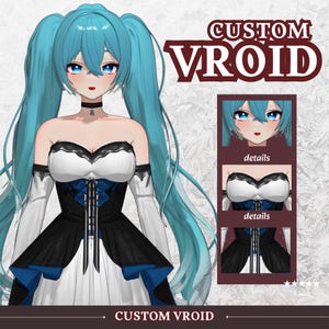 May include: A digital illustration of a female anime character with long, light blue pigtails. She wears a black choker, a white and black dress with blue accents, and the text "CUSTOM VROID". Additional details of the character are shown.