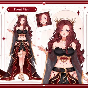 Puede incluir: Una hoja de referencia de personaje con una figura de largo cabello ondulado color burdeos, que viste un top negro sin tirantes, una falda oscura con ribetes rojos y dorados, un cinturón de media luna y accesorios dorados.