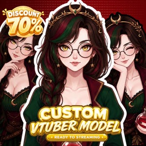 May include: A digital illustration of a character with dark hair featuring green highlights, wearing round glasses, a gold crescent moon tiara, and a dark green outfit. The text reads DISCOUNT 70%, CUSTOM VTUBER MODEL, and READY TO STREAMING.