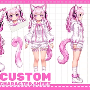 Pode incluir: Ilustração digital de uma folha de personagem com uma garota de estilo anime com cabelo rosa, orelhas de gato, uma cauda e fones de ouvido. Ela usa um moletom branco com capuz, shorts e botas. As palavras "CUSTOM CHARACTER SHEET" são exibidas em rosa.