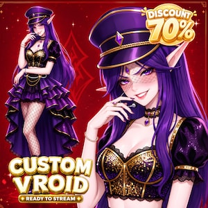 Può includere: Un personaggio in stile anime con lunghi capelli viola, orecchie a punta e un berretto militare viola. Il personaggio indossa un corsetto di paillettes nero e oro, una gonna viola a balze e calze a rete. Testo: CUSTOM VROID READY TO STREAM e DISCOUNT 70%.
