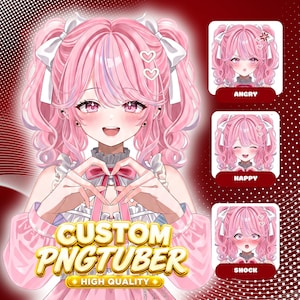 以下が含まれることがあります： ツインテールのピンク髪のキャラクターのデジタルイラスト。白いリボンが付いたピンクの衣装を着て、手でハートの形を作っている。テキストは「CUSTOM PNGTUBER HIGH QUALITY」とあり、横には「ANGRY」「HAPPY」「SHOCK」と書かれた小さな枠がある。