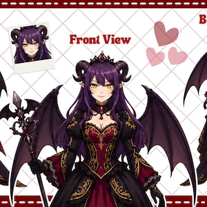May include: A character reference sheet featuring a purple-haired demon with horns, wings, and yellow eyes. The character wears a black and red gown with gold embroidery, a crown, and holds a staff. Includes side, front, and back views with text labels.