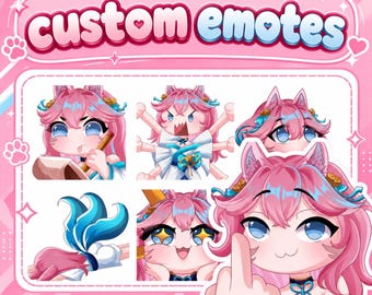 Puede incluir: Un conjunto gráfico digital titulado custom emotes que presenta un personaje de anime con cabello rosa y orejas de gato en varias expresiones y poses, incluyendo escribir, gesticular con múltiples brazos y mostrar ojos brillantes.