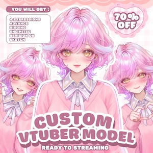 Puede incluir: Ilustración digital de un modelo VTuber personalizado con cabello rosa y un suéter rosa. La imagen incluye el texto "YOU WILL GET: 4 EXPRESSIONS, ADVANCE RIGGING, UNLIMITED REVISION ON SKETCH" y "CUSTOM VTUBER MODEL READY TO STREAMING". Una insignia rosa en forma de corazón dice "70% OFF".