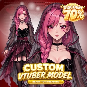 Op de afbeelding: Een CUSTOM VTUBER MODEL met een anime-stijl personage met roze haar, gekleed in een zwarte jurk met een rode roos, een doorschijnende sluier en kruissieraden. De afbeelding bevat de tekst DISCOUNT 70% en CUSTOM VTUBER MODEL READY TO STREAMING.