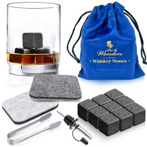 Premium Whiskey Stones 100% natural granite Set Of 9 Chilling Rocks Stone Reusable Ice Cubes For Drinks With Velvet Carrying Pouch, Grey,