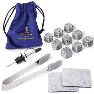 Premium Whiskey Stones 100% natural granite Set Of 9 Chilling Rocks Stone Reusable Ice Cubes For Drinks With Velvet Carrying Pouch, Grey,