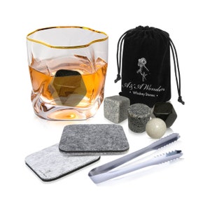 Premium Whiskey Stones Set Of 4 Geometrical shapes Chilling Rocks Stone Reusable Ice Cubes For Drinks With Velvet Carrying Pouch, Grey,