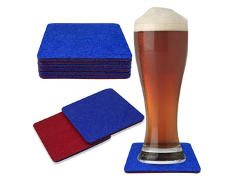 May include: A set of 10 blue felt coasters with a red felt border. The coasters are shown with a glass of beer on top of one of the coasters.