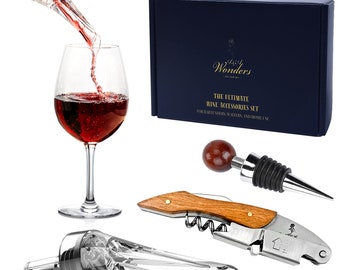 May include: A wine accessory set in a blue box with gold lettering that reads "The Ultimate Wine Accessories Set for Bartenders, Waiters, and Home Use". The set includes a bottle opener, a bottle stopper, and a wine aerator.