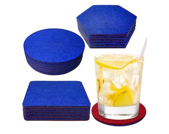 May include: Set of 10 blue felt coasters in three shapes: round, square, and hexagonal. The coasters are stacked on top of each other. The coasters are shown with a glass of lemonade on a red felt coaster.
