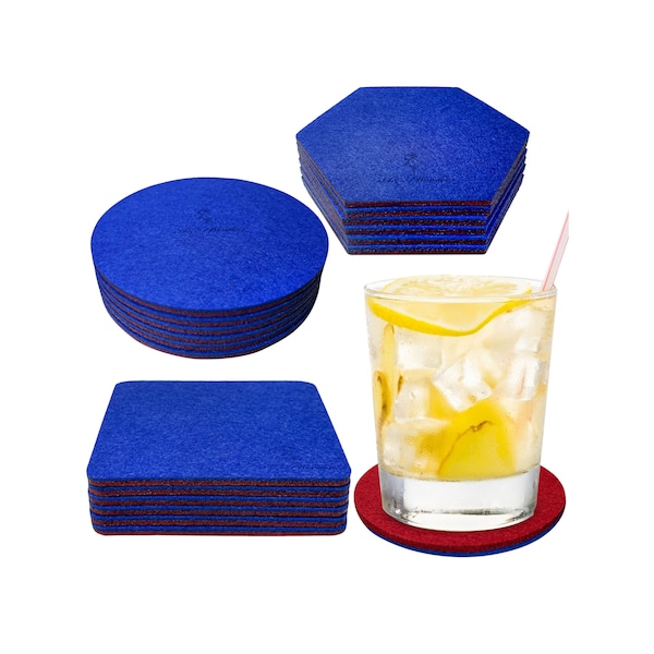 Premium Felt Coasters for Drink, Absorbent Felt Protects Furniture, Table, Desk 4x4 Inch by AA Wonders (All 3 Style, Wine Red/Royal Blue)