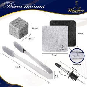 May include: A set of whiskey stones, a pair of tongs, a bottle stopper, and two coasters. The whiskey stones are gray and measure 0.8 inches by 0.8 inches. The tongs are silver with gray silicone handles and measure 5 inches long. The bottle stopper is silver with a black top and measures 4.5 inches long. The coasters are gray and black and measure 4 inches by 4 inches.