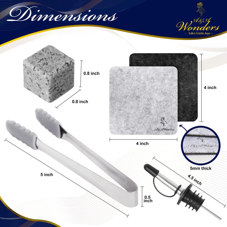 May include: A set of whiskey stones, a pair of tongs, a bottle stopper, and two coasters. The whiskey stones are gray and measure 0.8 inches by 0.8 inches. The tongs are silver with gray silicone handles and measure 5 inches long. The bottle stopper is silver with a black top and measures 4.5 inches long. The coasters are gray and black and measure 4 inches by 4 inches.