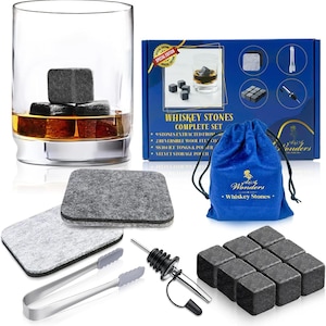 Premium Whiskey Stones 100% natural granite Set Of 9 Chilling Rocks Stone Reusable Ice Cubes For Drinks With Velvet Carrying Pouch, Grey,
