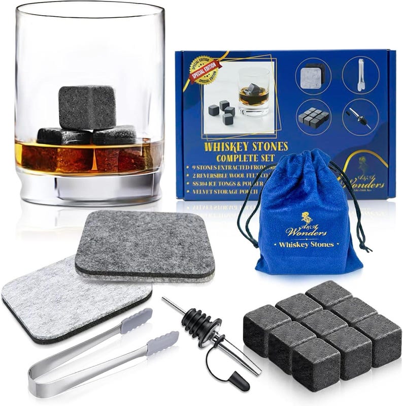 Premium Whiskey Stones 100% natural granite Set Of 9 Chilling Rocks Stone Reusable Ice Cubes For Drinks With Velvet Carrying Pouch, Grey, image 1