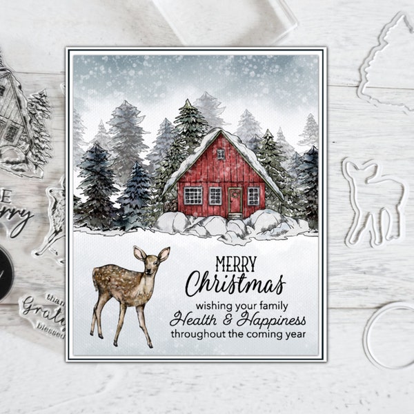 Christmas Reindeer And Cottage In Snow Clear Stamps And Cutting Dies For Cards DIY Scrapbooking Stationery