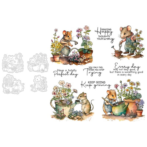 Cute Mouse Planting Flowers Garden Clear Stamps And Metal Cutting Dies For Card Making DIY Scrapbooking Supplies For Albums Crafts Decor