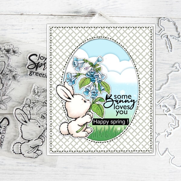 Niedliche Frühlings-Serie Kaninchen und Blumen klar Stempel und Stanzformen für Karten Osterdekor