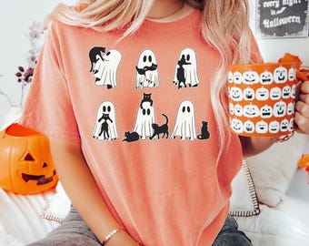 Ghost Cat Shirt, Comfort Colors® Cat Ghost T-Shirt, Cute Cat Lovers Shirt, Retro Ghost Halloween, Halloween Cat T-shirt, Spooky Season Gift