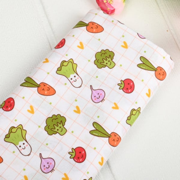 Cute Veggies Fabric Market Fresh Vegetables with Faces Fabric Cartoon Anime Cotton Fabric By The Half Yard