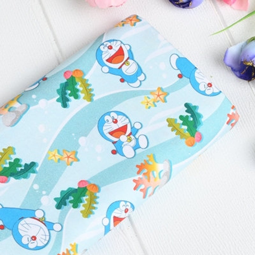 Doraemon Fabric Blue Cartoon Pokonyan Cat Fabric Japanese Anime Cotton Fabric by the Half Yard