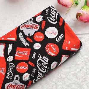 Tissu Coca-Cola avec logo Red Cola, bouteilles en verre, tissu en coton, mètre carré, mètre