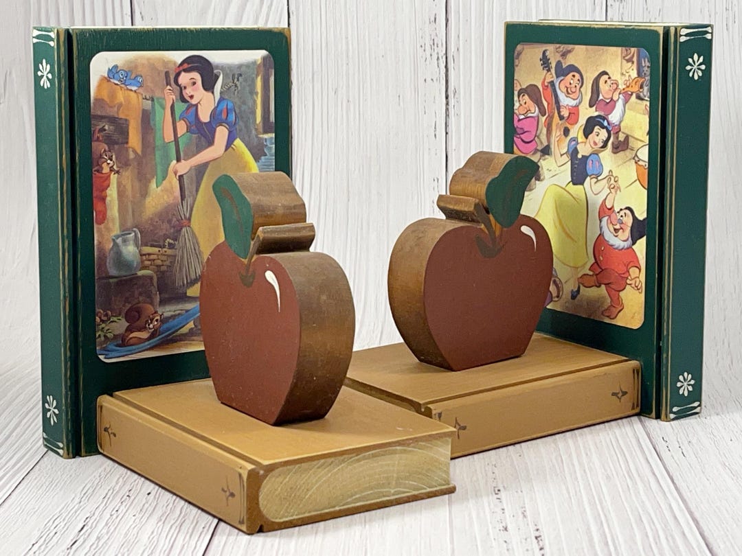 Wooden Book and Apple Bookends With Snow White Illustrations From a ...