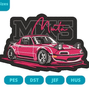 May include: Embroidered patch featuring a pink sports car with the word "Miata" in a neon-style font. The car is set against a black background with the letters "MX5". The patch has a black border and includes the text "3 Sizes" and file type abbreviations.