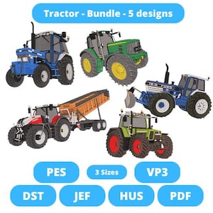 Puede incluir: Ilustración de cinco tractores diferentes en varios colores, incluyendo azul, verde, rojo y blanco. La imagen incluye el texto "Tractor - Bundle - 5 designs" y opciones de tipo de archivo como PES, DST, JEF, HUS, VP3 y PDF.