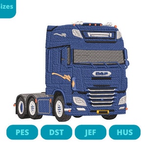 Puede incluir: Un camión DAF azul y naranja con una cabina y un remolque. El camión tiene una parrilla y faros blancos. El camión está sobre un fondo blanco.