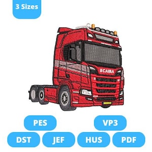 Puede incluir: Camión rojo Scania con una cabina blanca y una parrilla negra. El camión tiene una cabina blanca con una parrilla negra y un parachoques negro. El camión está sobre un fondo blanco. 3 Tamaños.